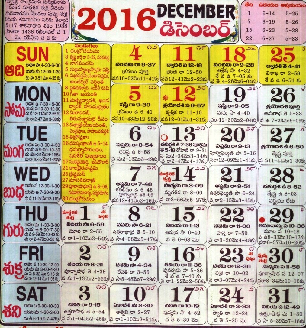Click here to download Telugu Calendar for the month of December 2016